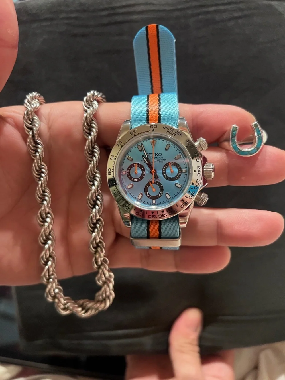 Seiko Watch Mod Daytona 925 Silver Rope Necklace Chain 925 Turquoise Stone Ring